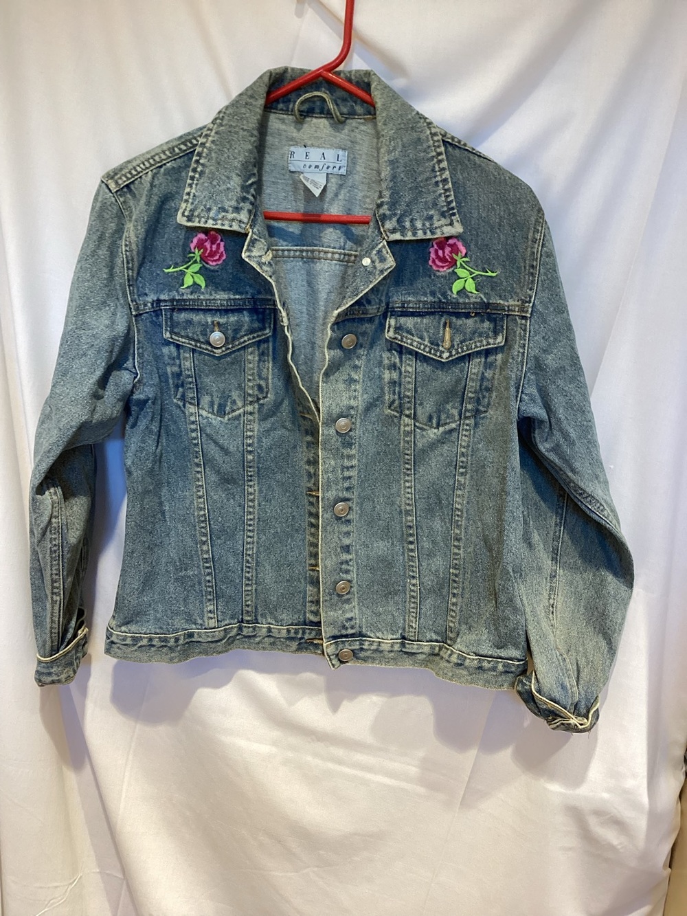 Women's Light Wash Denim Jacket with Pink Rose Embroidery